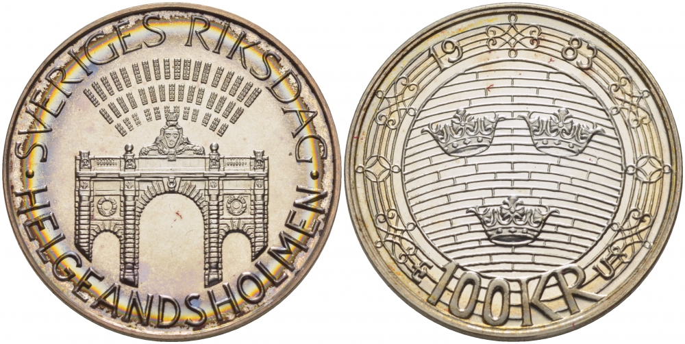 Швеция 100 крон 1983 шведский риксдаг, здание парламента, Карл XVI Густав (1973- ) KM 861 серебро UNC 1085-4-21