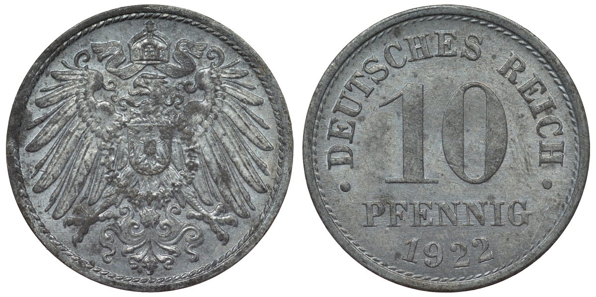 Германия 10 пфеннигов 1922 KM 26, J. 299, Weege 8 цинк 4119-426