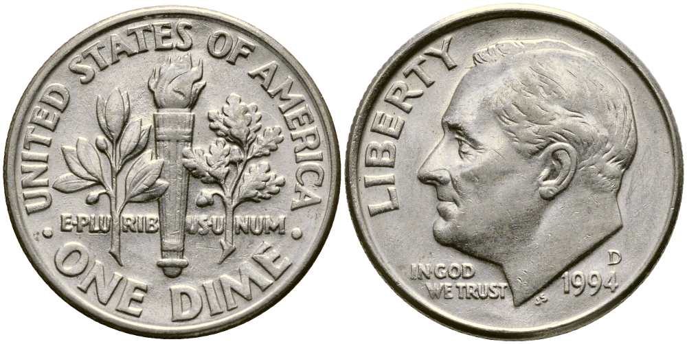 США 10 ЦЕНТОВ = 1 ДАЙМ 1994 D, РУЗВЕЛЬТ KM 195а медь плакированная медно-никелем 46-1153