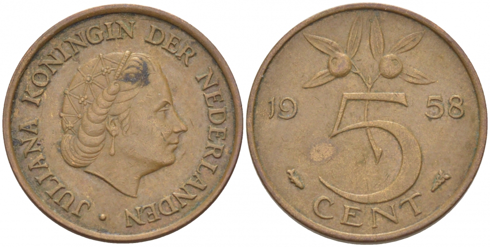 НИДЕРЛАНДЫ 5 ЦЕНТОВ 1958 ЮЛИАНА KM 181 бронза 214-813