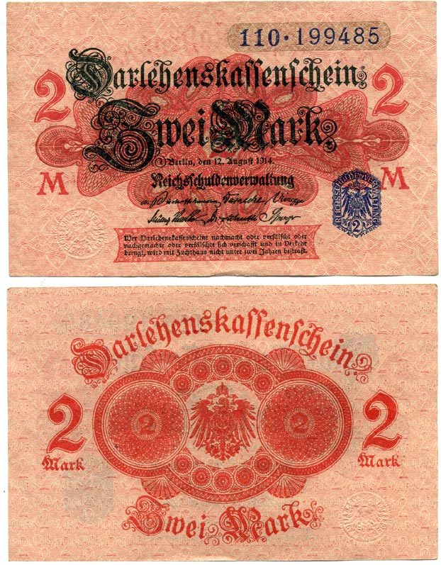 ГЕРМАНИЯ 2 МАРКИ 1914 РОЗОВАЯ БУМАГА, СИНЯЯ ПЕЧАТЬ, СЕРИЯ 110 Pick 55, Rosenberg 52d бумага 7551-21-3-1