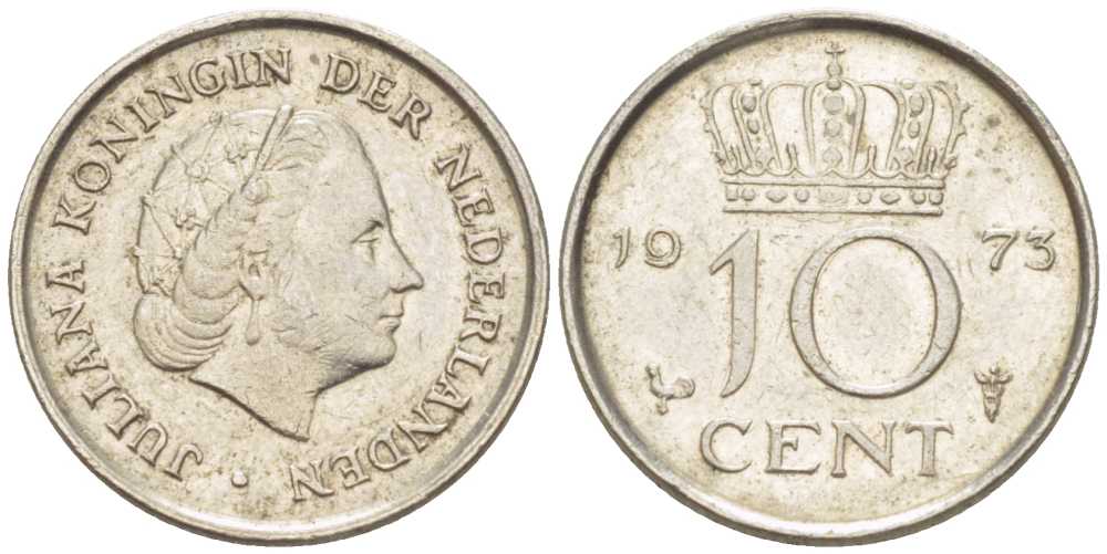 НИДЕРЛАНДЫ 10 ЦЕНТОВ 1973 ЮЛИАНА (1948-1980) KM 182 никель 214-1266