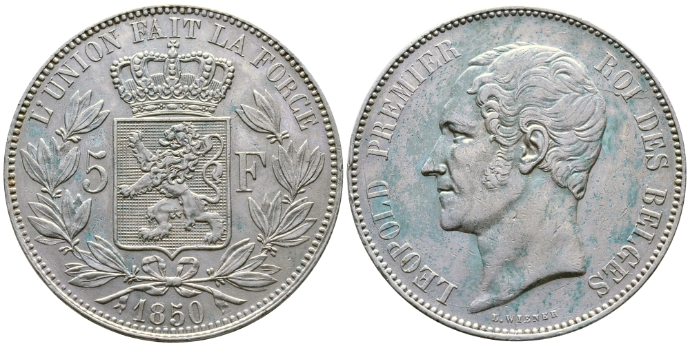 Бельгия 5 франков 1850 Леопольд I (1831-1865) KM 17 серебро 00-1067-9-43