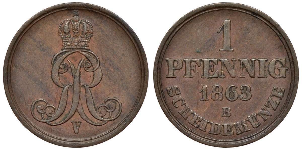 Ганновер 1 пфенниг 1863 B, Георг V KM 233, AKS 156, J. 90 медь 4594-527
