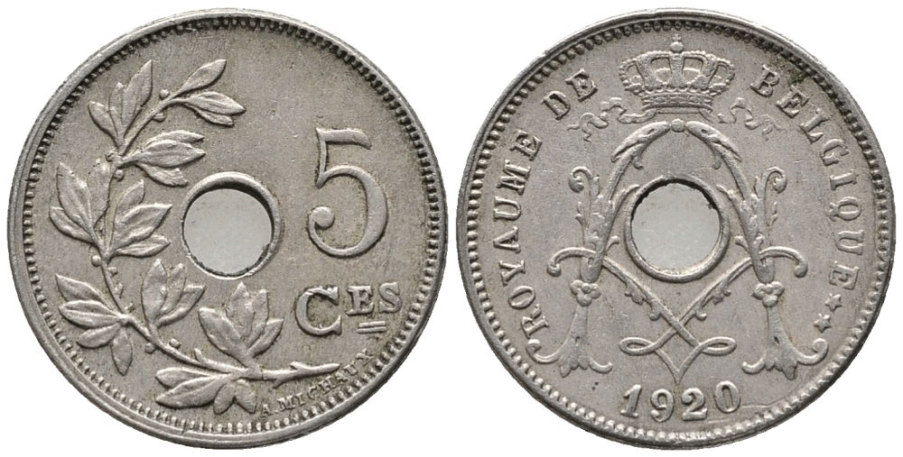 БЕЛЬГИЯ 5 САНТИМОВ 1920 BELGIQUE KM 85.1 медно-никель 4387-351