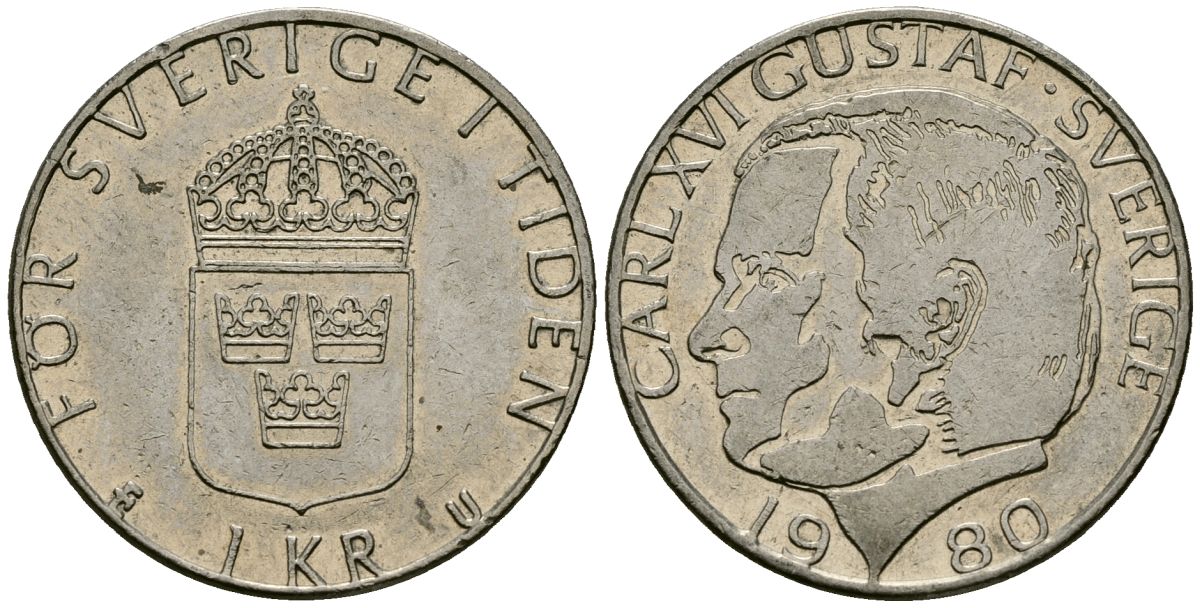 Швеция 1 крона 1980 Карл XVI Густав (1973- ) KM 852 медь плакированная медно-никелем 4176-556