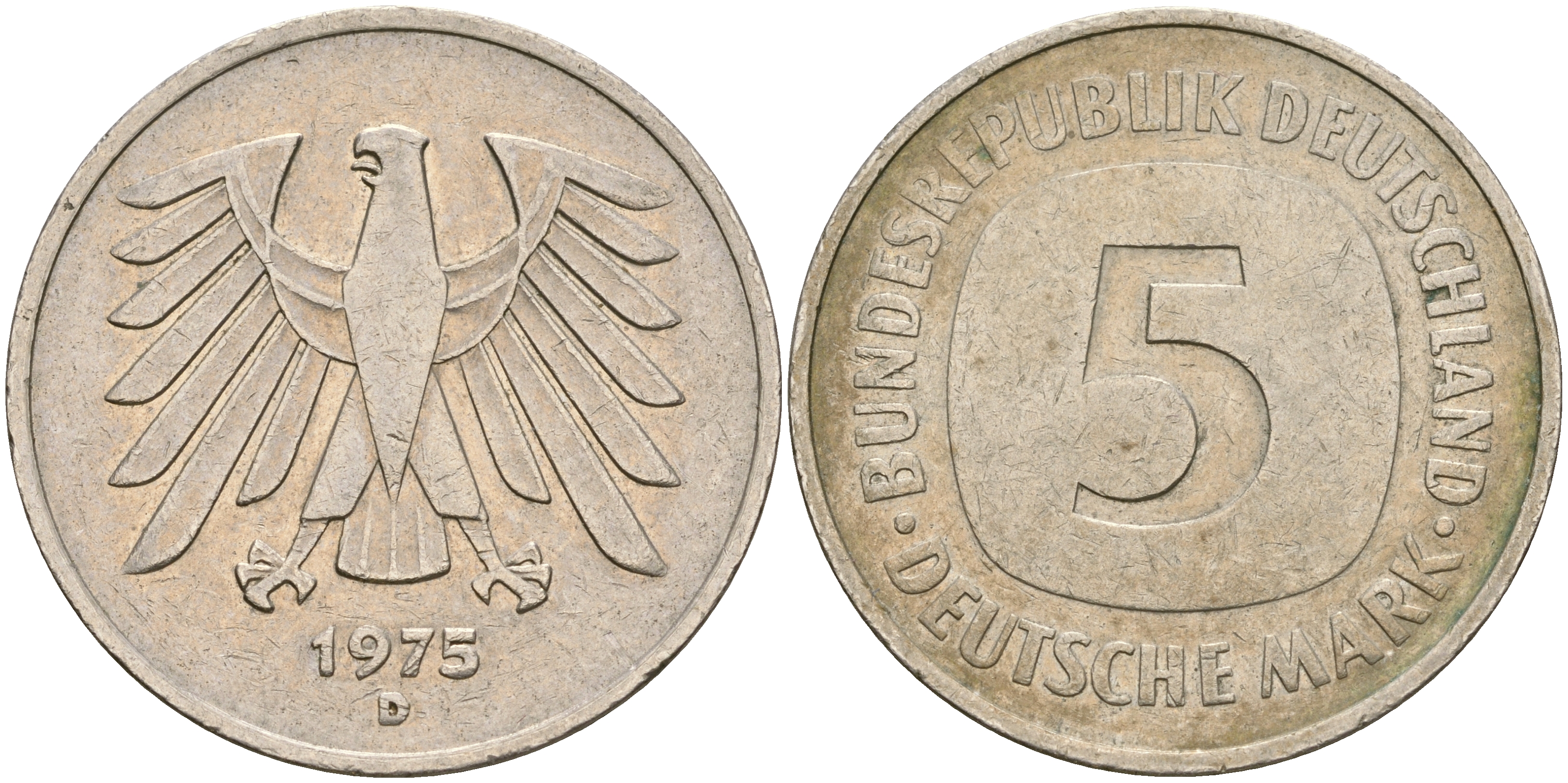 ФРГ 5 марок 1975 D, монетный двор Мюнхен КМ 140.1, J. 415 медно-никель плакированный никелем4607-241