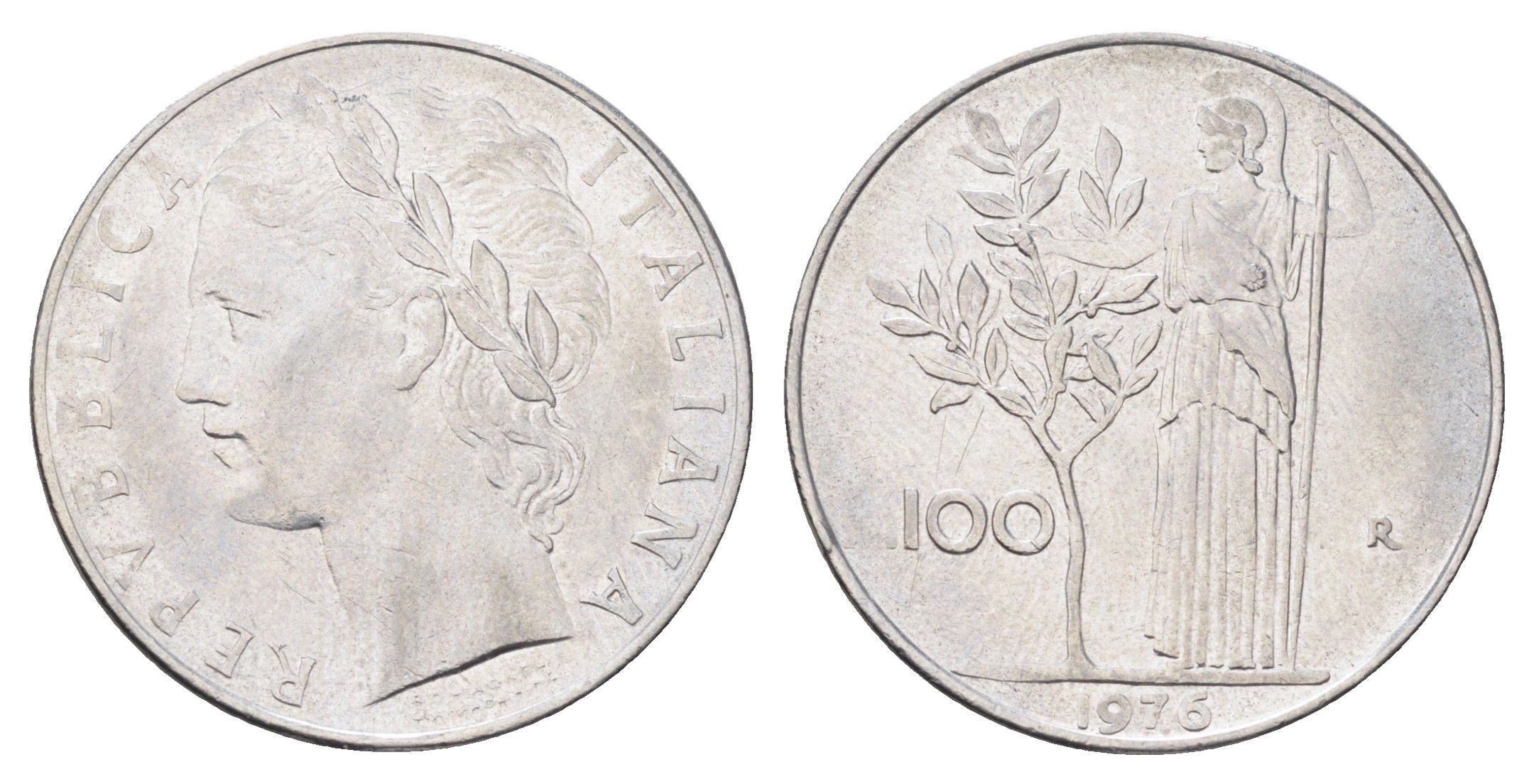 Италия 100 лир 1976 R, Афина в доспехах KM 96.1 нержавеющая сталь 4704-734