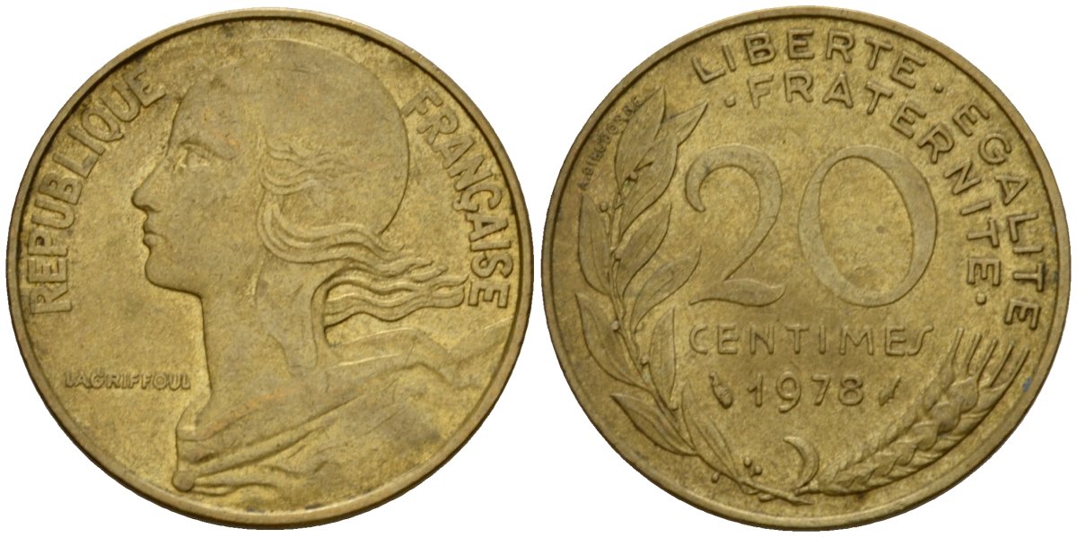 Франция 20 сантимов 1978 тип Marianne KM 930 алюминиевая бронза 4393-352