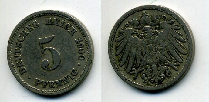 ГЕРМАНИЯ 5 ПФЕННИГОВ 1900 D, KM 11, J. 12 медно-никель 58-1211