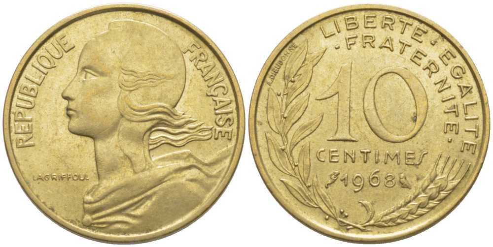 ФРАНЦИЯ 10 САНТИМОВ 1968 ТИП MARIANNE KM 929, LE FRANC 144.8 алюминиевая бронза 116-424