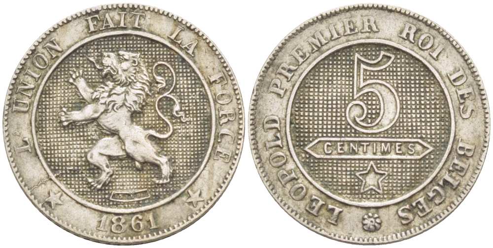БЕЛЬГИЯ 5 САНТИМОВ 1861 BELGES KM 21 медно-никель 100-537