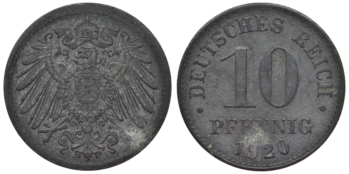 Германия 10 пфеннигов 1920 KM 26, J. 299, Weege 8 цинк 4119-255