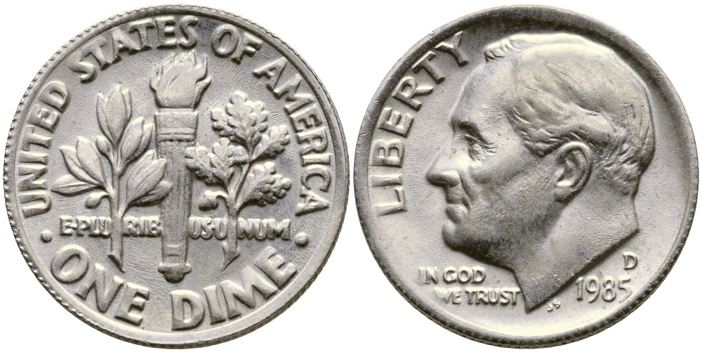 США 10 ЦЕНТОВ = 1 ДАЙМ 1985 D, РУЗВЕЛЬТ KM 195а медь плакированная медно-никелем 46-2461