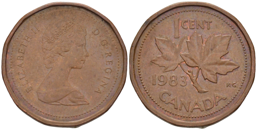 КАНАДА 1 ЦЕНТ 1983 КЛЕНОВЫЙ ЛИСТ, ЕЛИЗАВЕТА II KM 132 бронза 57-1253