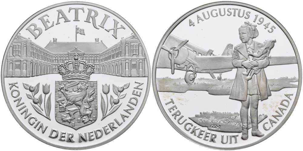 Нидерланды медаль ND королева Беатрикс, 4 августа 1945 года возвращение из Канады, диаметр 38,5 мм., вес 22,12 гр.  серебро  PROOF  1078-6-31