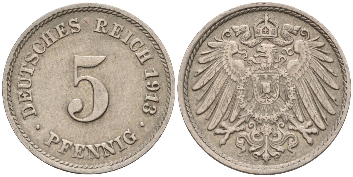 Германия 5 пфеннигов 1913 F KM 11, J. 12 медно-никель 4151-542
