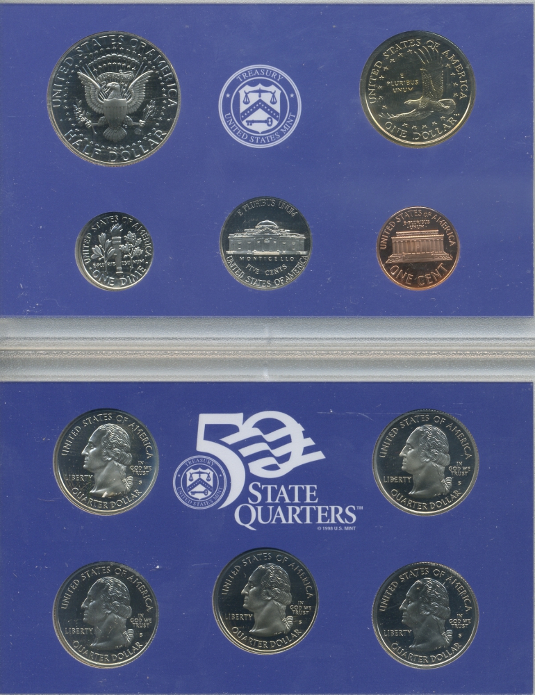 США 2 официальных набора в одном 2000 S, два пруфсета в пластиковых коробках, регулярный чекан и 5 квотеров штаты, в оригинальной коробке с сертификатом PROOF 00-00