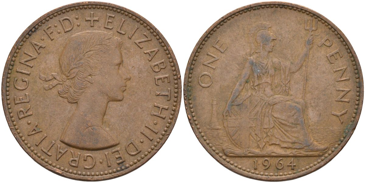 Великобритания 1 пенни 1964 Елизавета II (1952-2022) KM 897, Spink 4157 бронза 4117-911