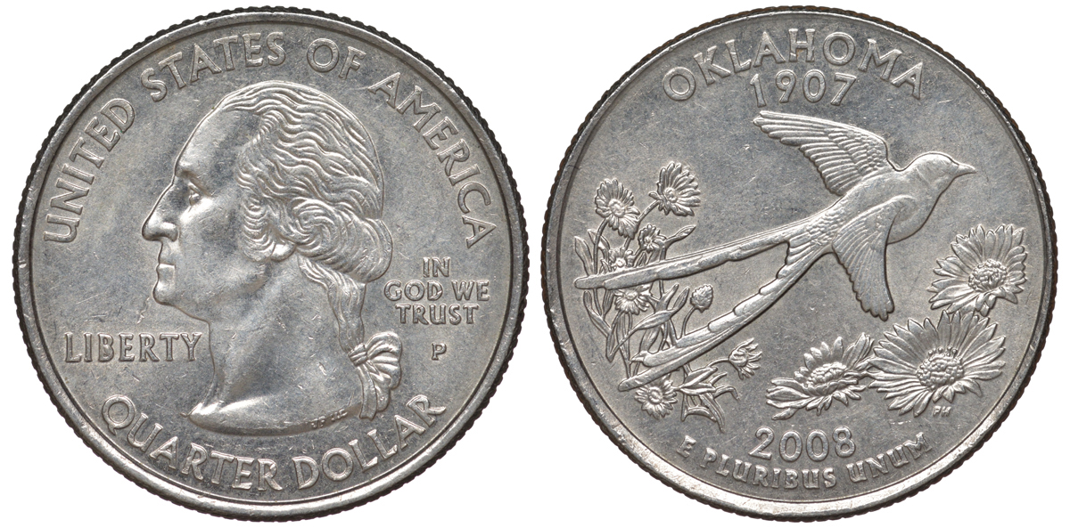 США 25 центов = квотер 2008 P, серия штаты США, Оклахома KM 421 медь плакированная медно-никелем 4525-527