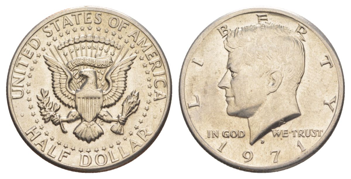 США 1/2 доллара (50 центов) 1971 D, Джон Кеннеди KM 202b медь плакированная медно-никелем aUNC 114-225