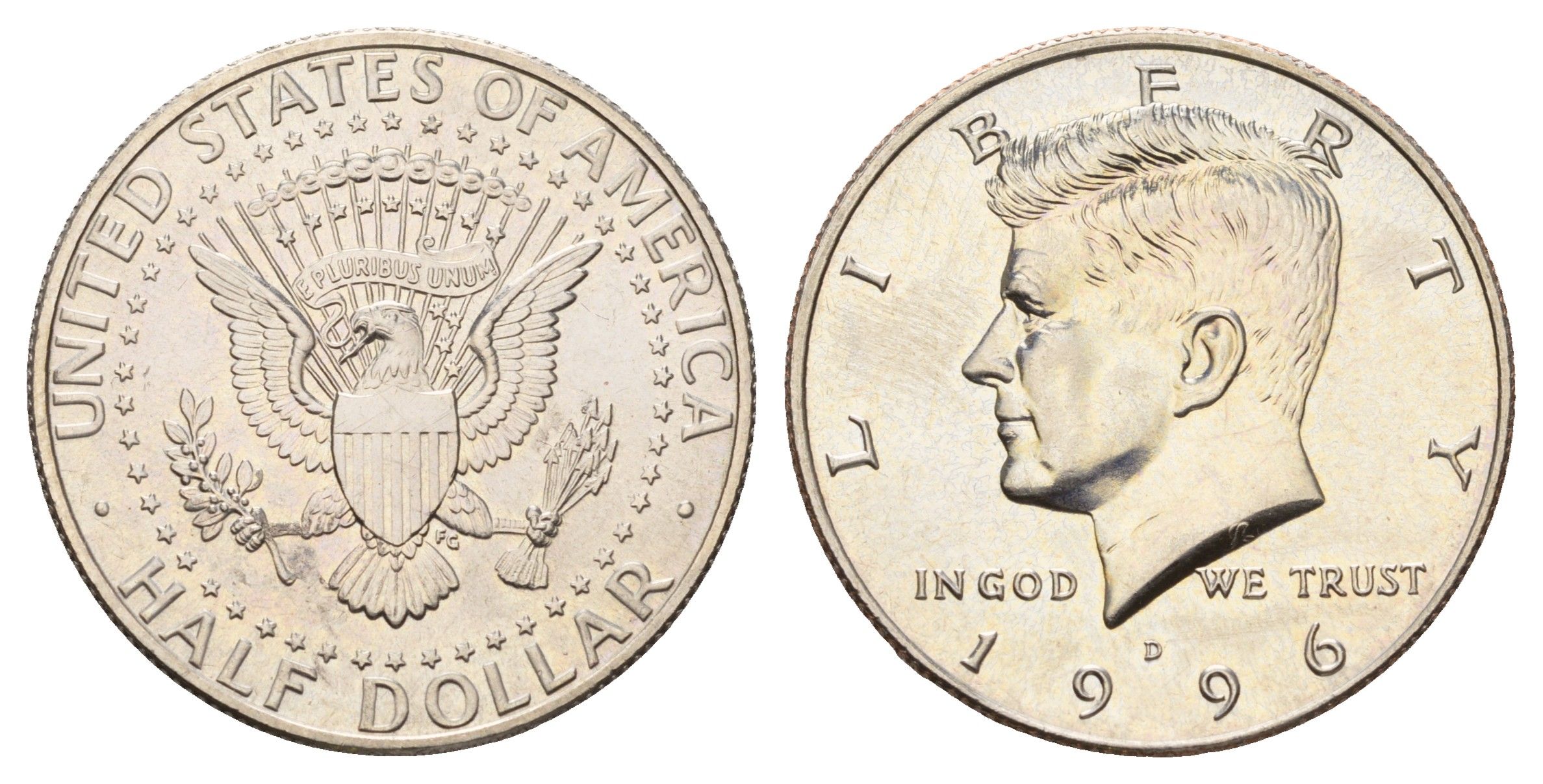 США 1/2 доллара (50 центов) 1996 D, Джон Кеннеди KM A202b медь плакированная медно-никелем UNC 4672-722