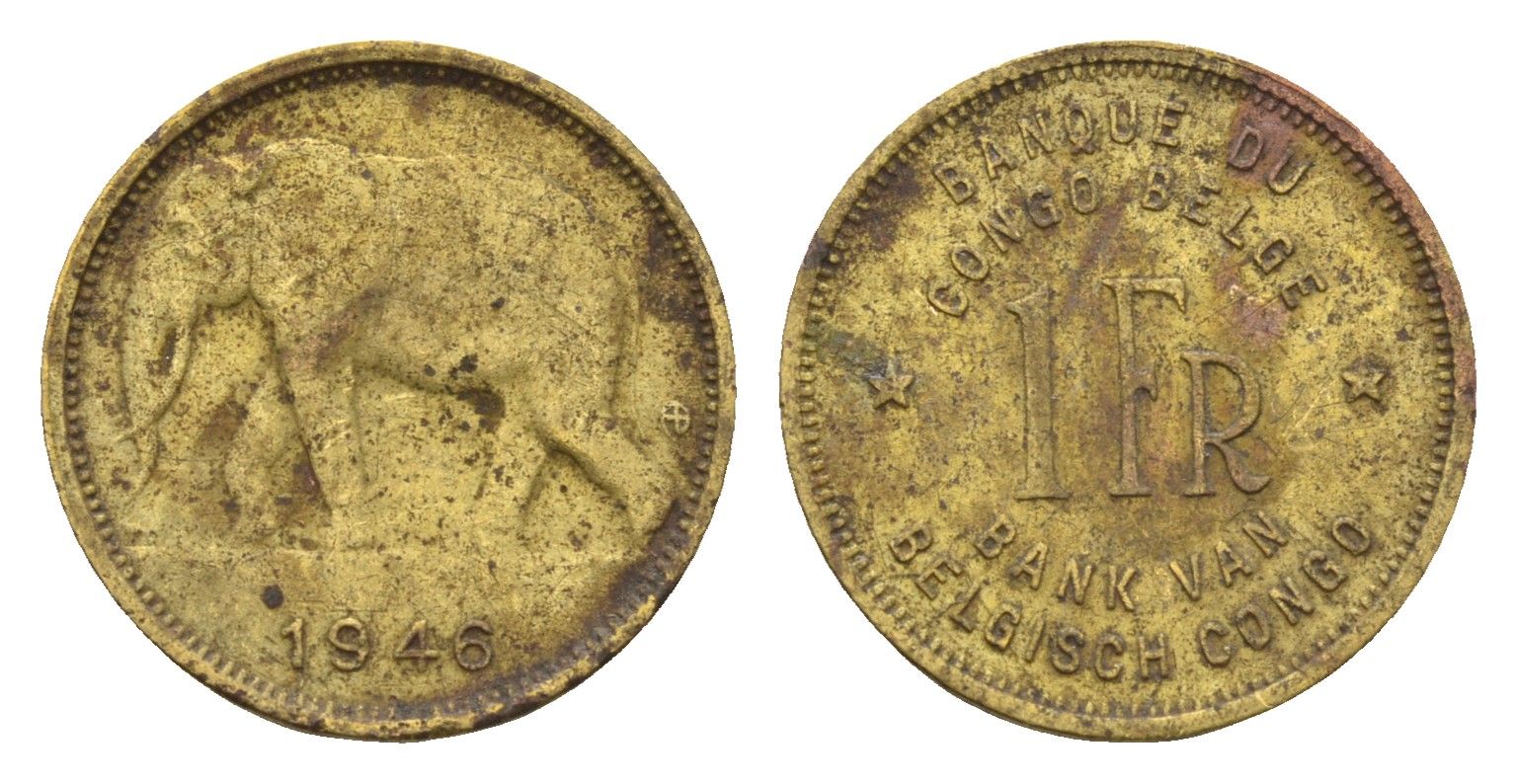 Бельгийское Конго 1 франк 1946 слон, Леопольд III KM 26 латунь 4669-419