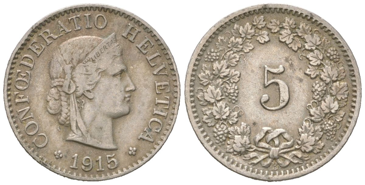 Швейцария 5 раппенов 1915 B KM 26 медно-никель 4160-548