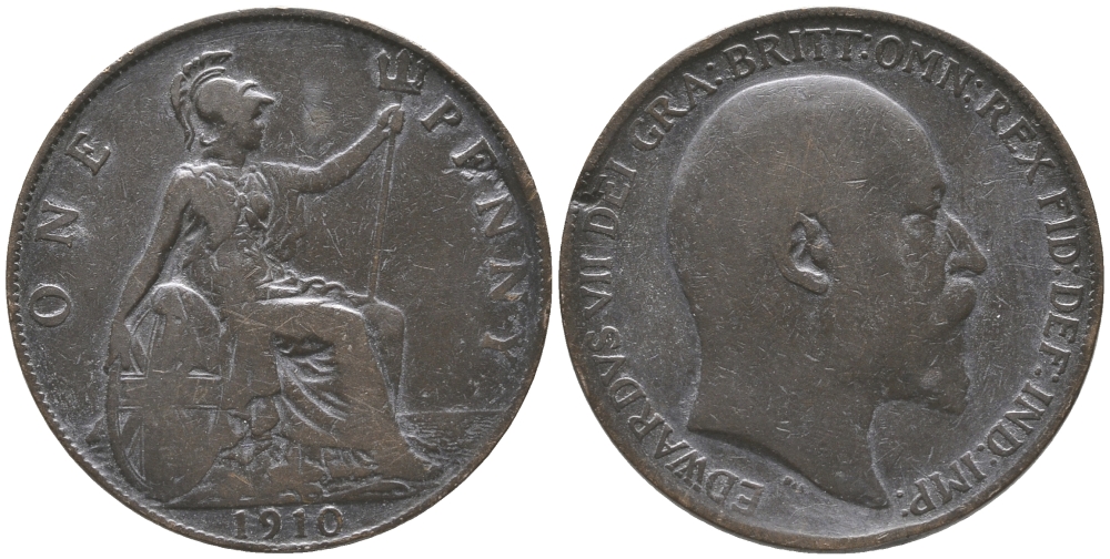Великобритания 1 пенни 1910 Эдуард VII (1901-1910) KM 794.2, Spink 3990 бронза 32-446