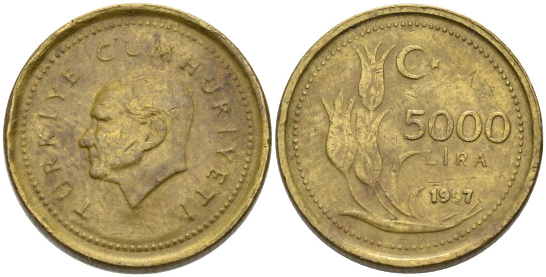Турция 5000 лир 1997 Мустафа Кемаль Ататюрк KM 1029.1 латунь 4573-913