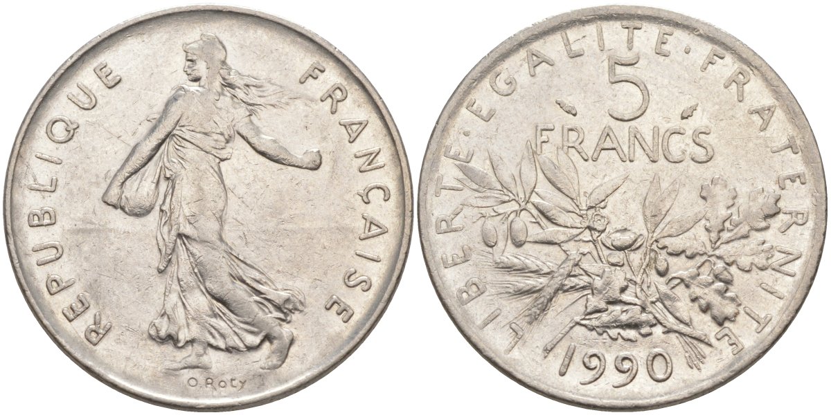 Франция 5 франков 1990 сеятель KM 926а.1, Le Franc 341.22 медно-никель плакированный никелем 3855-1134