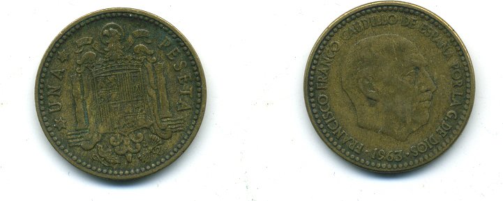 ИСПАНИЯ 1 ПЕСЕТА 1963 ФРАНСИСКО ФРАНКО ДИКТАТОР ИСПАНИИ (1939-1975) KM 775 алюминиевая бронза 46-2632