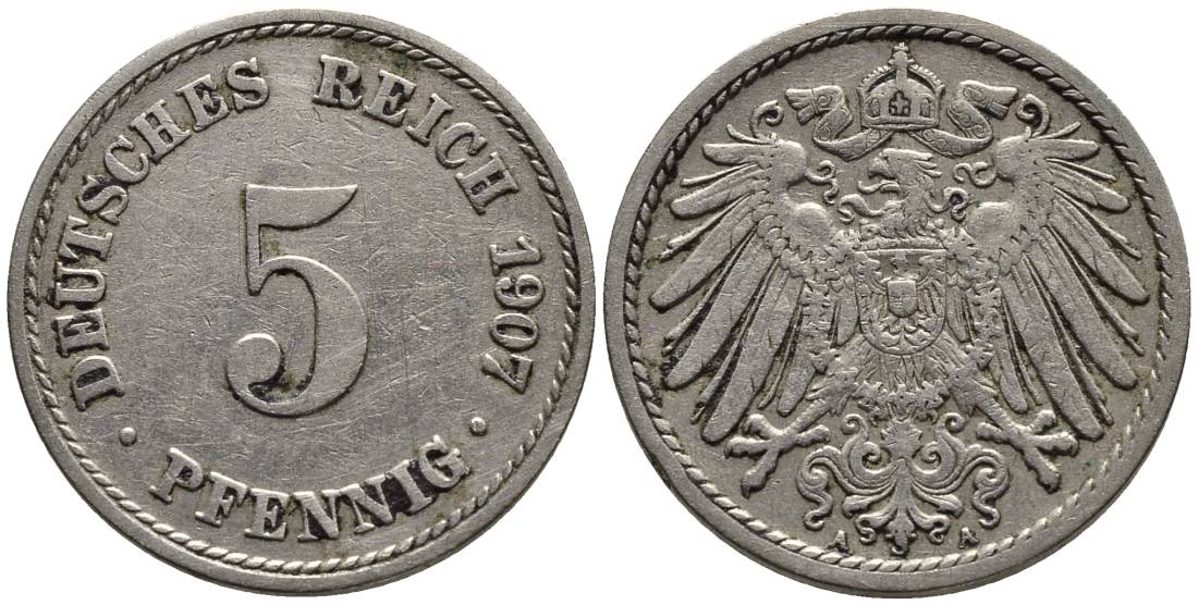 ГЕРМАНИЯ 5 ПФЕННИГОВ 1907 A KM 11, Jager 12, Weege 6 медно-никель 4547-456