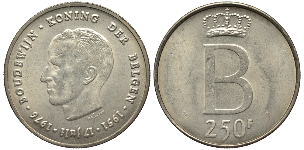 Бельгия 250 франков 1976 25 лет правления Бодуэна I, der Belgen KM 158.1 серебро 1530-331