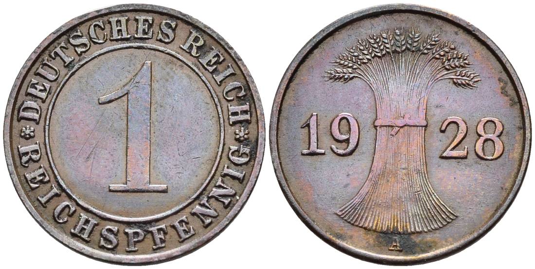 ГЕРМАНИЯ 1 РЕЙХСПФЕННИГ 1928 A KM 37, J. 313, Weege 2 бронза 4547-126
