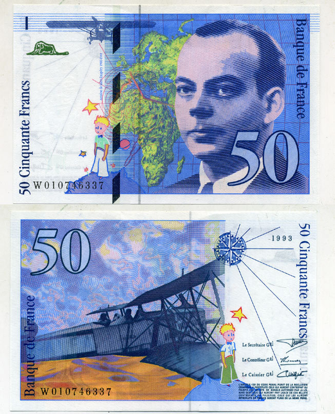 Франция 50 франков 1993 Антуан де Сент-Экзюпери, маленький принц, биплан "Breguet 14" Pick 157 b  бумага  UNC (пресс) 7217-60-2-1