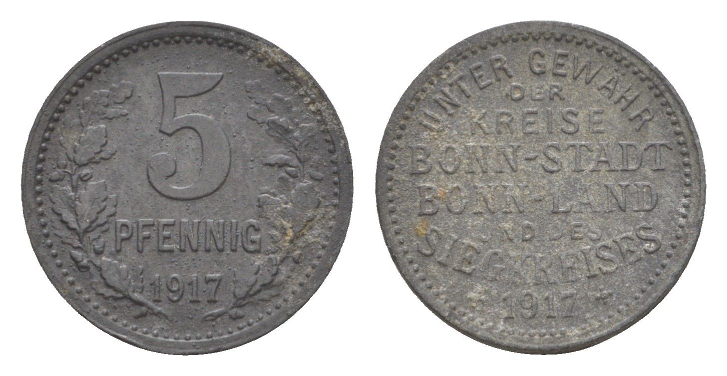 Бонн и Зигкрайс (Пруссия, Рейн) 5 пфеннигов 1917 Funck 52.1, Men05 3234.1, Men18 4150.1 цинк 4643-861