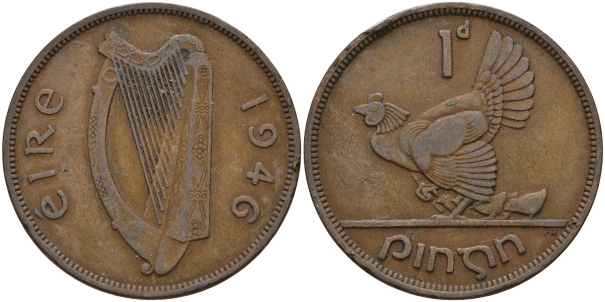 Ирландия 1 пенни 1946 курица с цыплятами KM 11 бронза 4144-1142