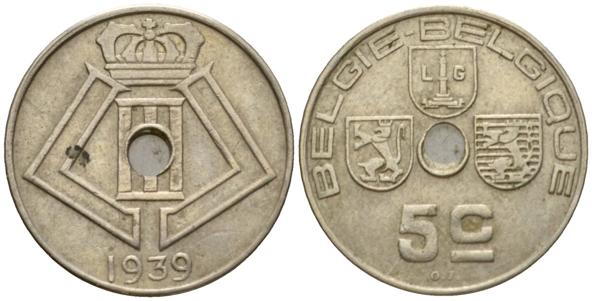 Бельгия 5 сантимов 1939 Belgie - Belgique KM 111 никель латунь 4548-1112