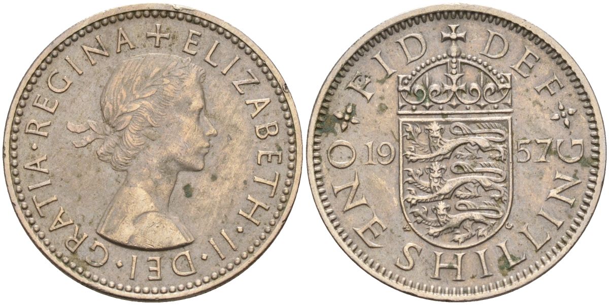 Великобритания 1 шиллинг 1957 Елизавета II (1952-2022), Английский герб KM 904, Spink 4147 медно-никель 4153-914