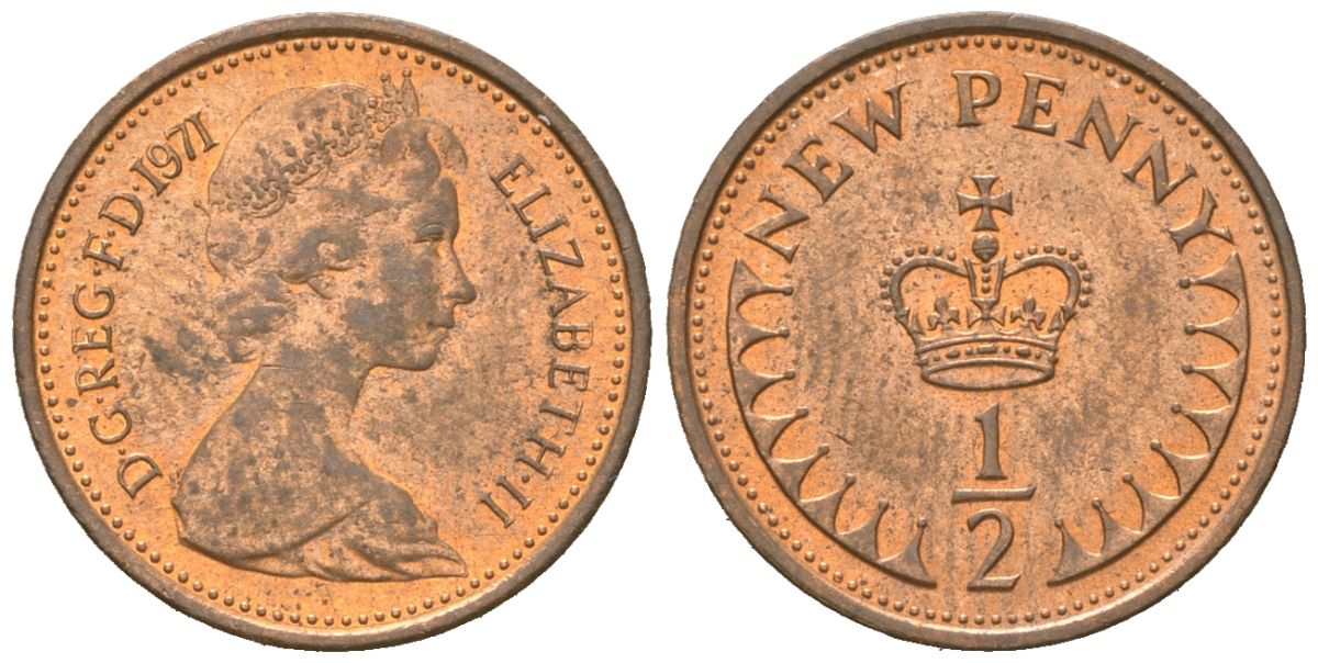 Великобритания 1/2 новый пенни 1971 Елизавета II (1952-2022) KM 914, Spink 4239 бронза UNC 4151-254
