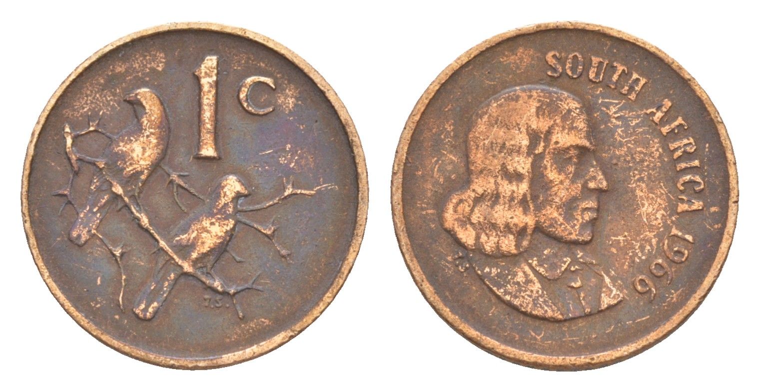 ЮАР 1 цент 1966 Ян ван Рибек (1619-1677), South Africa, легенда на африкаанс, капские воробьи KM 65.1 бронза 4651-813