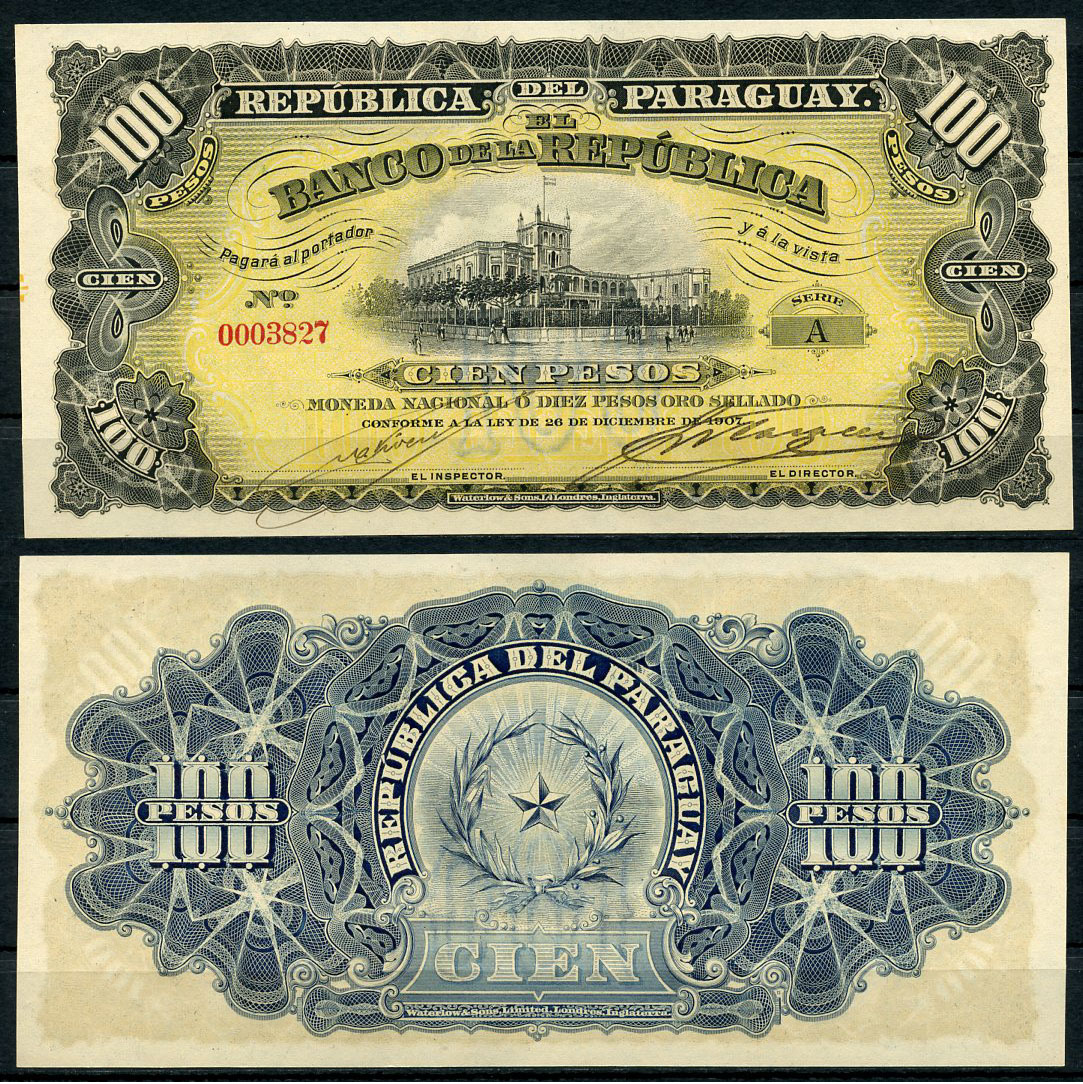 Парагвай 100 песо 1907 серия А, дворец Лос Лопес, Асунсьон Pick 159 (3)  бумага  UNC (пресс) 451-78-1