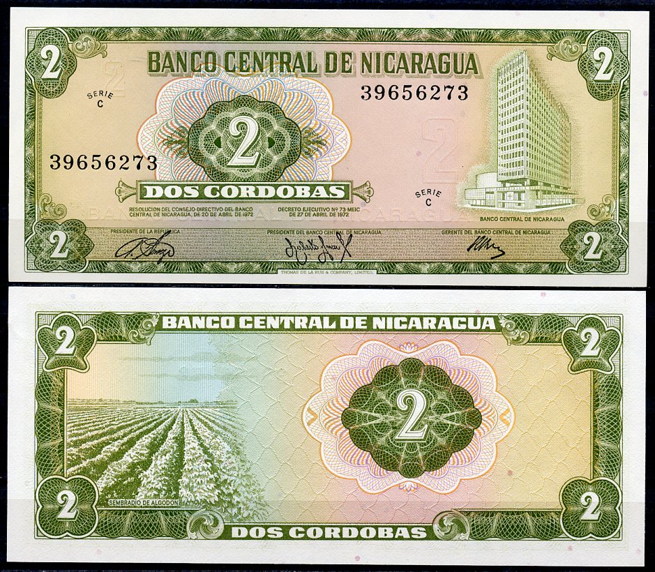Никарагуа 2 кордоба 1972 серия C, здание Центрального банка, хлопковое поле Pick 121a бумага UNC (пресс) 447-68-1