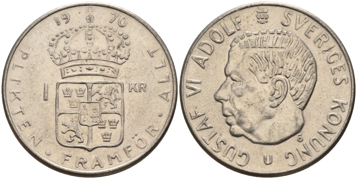 Швеция 1 крона 1970 U, Густав VI Адольф (1950-1973) KM 826a медь плакированный медно-никелем 4150-315