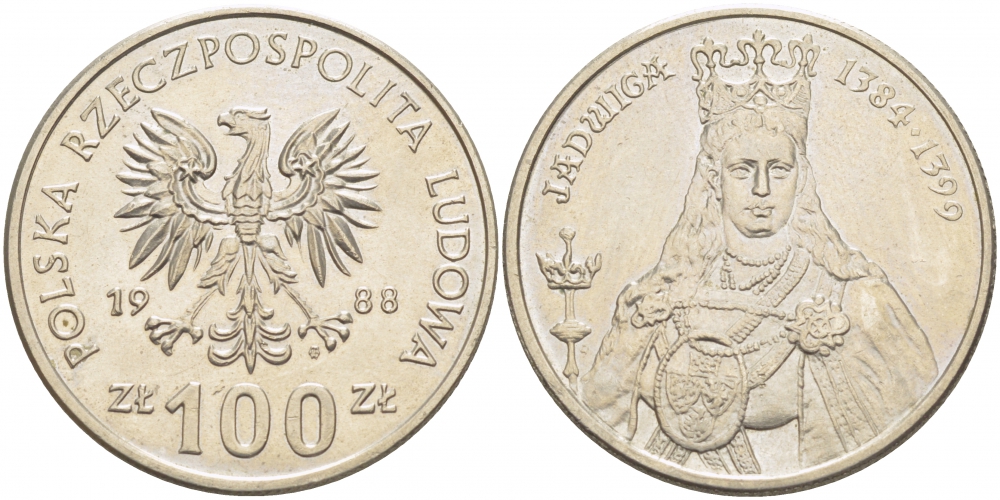 Польша 100 злотых 1988 MW, серия Польские правители, королева Ядвига (1384-1399) KM 183 медно-никель 51-4232