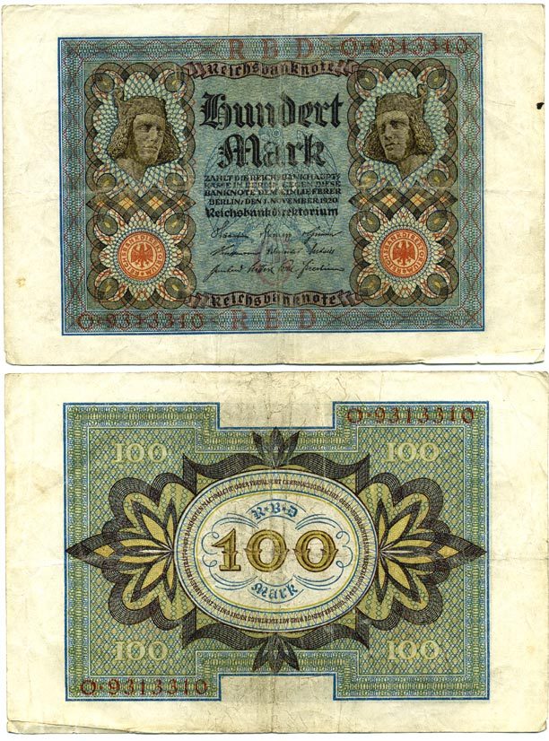 Германия 100 марок 1920 Бамбергский всадник, 7 цифр в номере Pick 69 a, Розенберг 67а  бумага   435-54-1-2