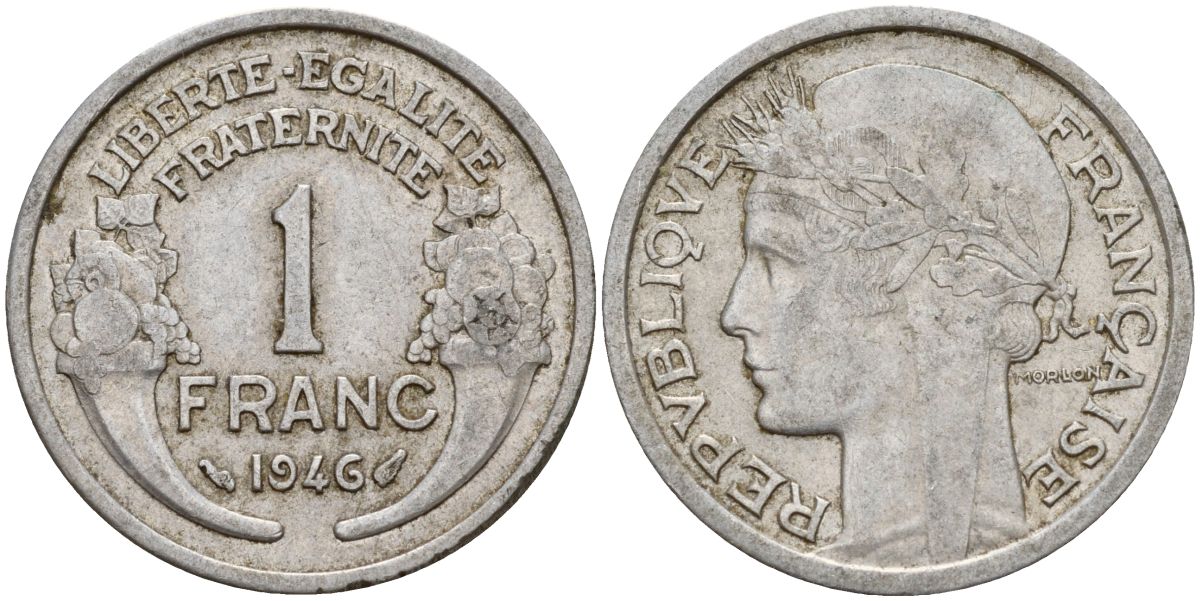 Франция 1 франк 1946 KM 885a.2 алюминий 4150-836