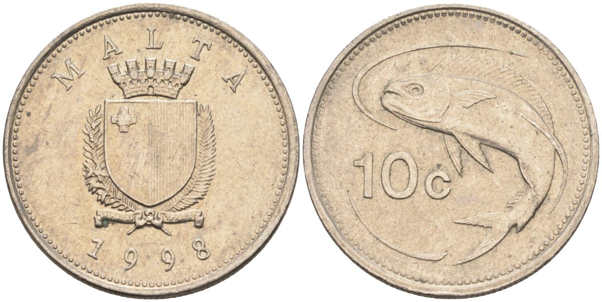 Мальта 10 центов 1998 золотая макрель KM 96 медно-никель 4588-247