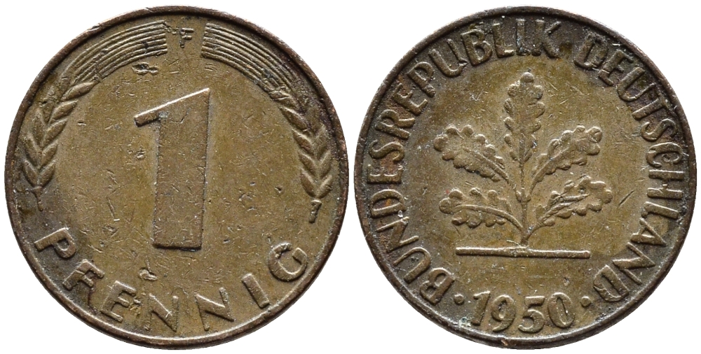 ФРГ 1 ПФЕННИГ 1950 F KM 105, J.380 сталь плакированная медью 4392-437